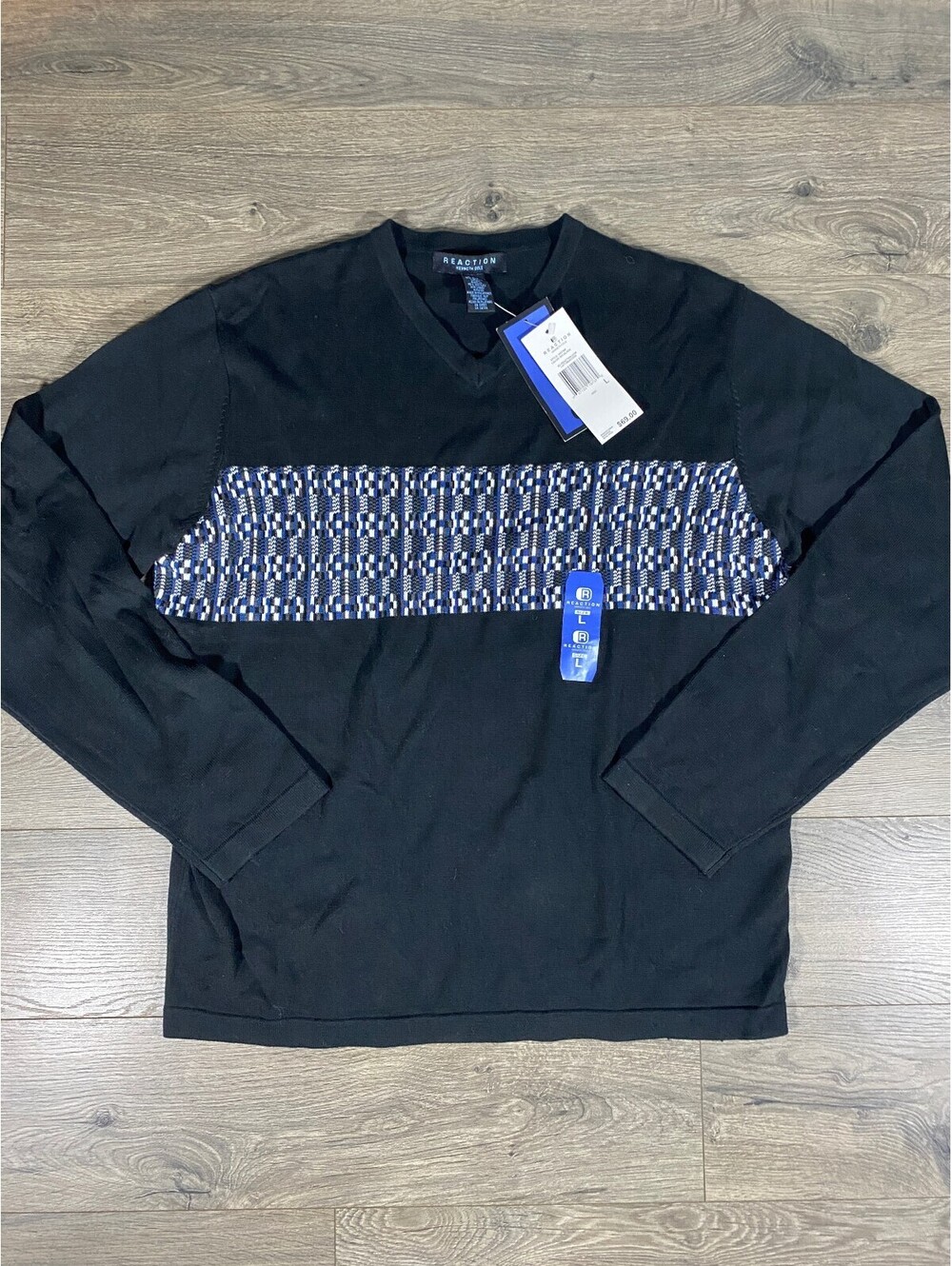 NWT Reaction Kenneth Cole Sweater Mens L Black V Neck Geometric Knit $69 MSRP